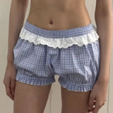 Bonnyshow  Sweet Hot Girl French Plaid Flower Bud Shorts Women's Summer Spliced Lace Edges Slim Versatile Short Pants Female Clothing