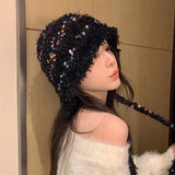 Bonnyshow Winter Plush Beanies Hat for Women Y2K Rainbow Stripe Girls Wool Cap Fluffy Fur Warm Lace-up Ear Protection Knitted Bomber Caps