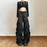 Bonnyshow Vintage High Waist Drawstring Black Casual Pants Women 2025 Spring New Streetwear Pleated Loose All Match Wide Leg Pants