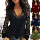 Bonnyshow T-shirt Women Pullover V-neck Top Sexy Lace V-neck Clothes Solid Long Sleeves Shirt Spicy Female Clothing Party Spring Summer