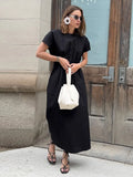 Bonnyshow  Elegant Women Short Sleeve Midi Dress New Spring Summer Sexy Round Neck Draped High Waist Robe Office Party Long Dresses