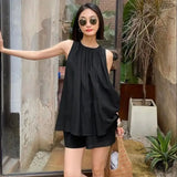 Bonnyshow  Two-Piece Solid Cotton And Linen Suit Women'S Folding Sleeveless Vest Top Women'S Summer New  Thin Loose Shorts