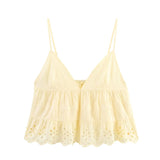 Bonnyshow  Sexy Adjustable Spaghetti Straps V Neck Embroidery Camis Women Yellow Holiday Summer Tops 2025 Streetwear Crop Top