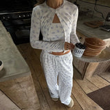 Bonnyshow  Casual Striped Cardigan Long Pant Woman's Set Fashion Loose O-neck Full Sleeve Tops Drawstring Pants Sets Lady Chic Home Outfits