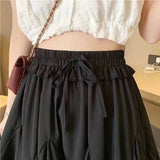 Bonnyshow Ruffled A-line Skirt Pleated Fluffy High Waist mini Skirts Elastic Waist Summer White Black Solid cake Aesthetic Skirt Female