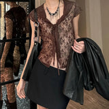 Bonnyshow  Y2K Fashion Lace Crop Top Brown V-neck Lace Up Cardigan Tee Shirt See Through Chic Sexy Short Sleeve T-shirt Summer