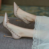 Bonnyshow  womens autumn new fashion rivet designer solid color pointed stilettos outdoor slip-on casual party womens low-top shoes Zapatos