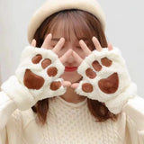 Bonnyshow Cartoon Cute Cat Claw Paw Gloves Women Plush Mittens Warm Soft Plush Short Fingerless Fluffy Bear Cat Gloves Costume Half Finger