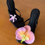 Bonnyshow  Flowers Decor Women's Flip Flops Summer Elegant Party Wedding Thin Heels Sandals Casual Streewear Satin Ladies Shoes New 2025