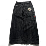 Bonnyshow Jeans New Harajuku Hip Hop Retro Skull Graphic Embroidered Baggy Jeans Denim Pants Men Women Goth High Waist Wide Trousers