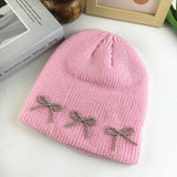 Bonnyshow Korean Bow Beanie Cap for Women Y2K Winter Warm Knitted Wool Hat Solid Color Female Ear Protection Hats Bonnet