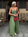 Bonnyshow  Green Sleeveless Pleated Strapless Midi Dress Women's Elegant Off Shoulder High Waist Vestidos 2025 Summer Vacation Street Gowns