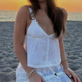 Bonnyshow  Women's Fairy 2000s Summer Tops Mini Bows Straps V Neck Crop Tops Open Back Lace Trim Button Tank Tops Streetwear