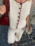 Bonnyshow  Casual Pants Set Women Contrast Knitted Vest 2piece Set Round Neck Sleeveless Waistcoat Cardigan High-waisted Trousers Summer