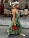 Bonnyshow  Green Sleeveless Pleated Strapless Midi Dress Women's Elegant Off Shoulder High Waist Vestidos 2025 Summer Vacation Street Gowns