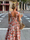 Bonnyshow  Elegant Flower Print Long Dress For Women Fashion V-neck Sleeveless High Waist A-line Maxi Dress Lady 2025 Summer Beach Robes