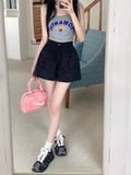 Bonnyshow  Design Sense Double Pocket Shorts Women'S Solid Spliced Button Pocket Drawstring Loose Casual High-Waist Wide Leg Trousers