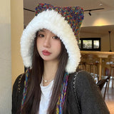 Bonnyshow Winter Knitted Plush Hat for Women Cute Cat Ear Woolen Ear Protection Cap Outdoor Windproof Cycling Caps Bomber Bonnet