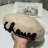 Bonnyshow New Letter Pearl Angora Fur Beret for Women Lady Winter Hat Artist French Painter Cap Female Warm Vintage Pumpkin Hats