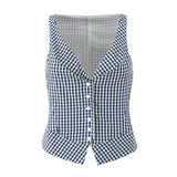 Bonnyshow  plaid shirt women sleeveless V-neck buttons down chic shirt cotton spring summer tops