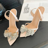 Bonnyshow  New Design Crystal Flower Pointed Toe Slingbacks Women Pumps Elegant Thin High Heels Banquet Wedding Shoes