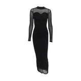 Bonnyshow Black Maxi Dress Women Autumn New Fashion Sexy Mesh See Through Dresses Bodycon Casual Long Sleeves Clubwear Elegant Party Dress