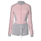 Bonnyshow Patchwork 2 Piece Set Women Tracksuits Zip-up Long Sleeve Cropped Jackets Top + Drawstring Shorts Casual Sporty Suits