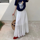 Bonnyshow  French Elegance Women Midi Skirts Y2K Summer Streetwear Patchwork A Line Pleated Skirts High Waist Loose All-Match Long Skirts