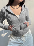 Bonnyshow Gray Zip Up Knitted Hooded Jackets Women Pockets Details Solid Simple Basic Minimalist Slim Long Sleeve Hoodies Knitwear