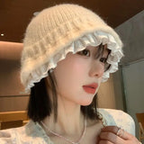 Bonnyshow Lace Knitted Bucket Hat for Women Winter Warm Woolen Fisherman Cap Y2K Beanies Sweet Ruffle Girls Ear Protection Hats