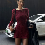 Bonnyshow Dresses Women Autumn O-Neck Sexy Wine Red Streetwear Fashion Print Long Sleeves Dresses Lady Knitted Pullover Clothing Dress