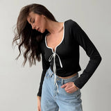 Bonnyshow Clashing Colors Patchwork Lace-Up V-Neck Square Neck Short Navel-Gazing Long Sleeve Top Fall For Hottie Girl Wear