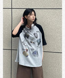 Bonnyshow Streetwear Vintage T Shirts Contrast Color Letter Print Half Sleeve Tops Summer Casual Loose Fashion All Match Women Clothes