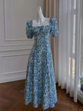 Bonnyshow  Floral Blue Tie Dye Sleeveless Midi Dress For Women Elegant Strap Flowing A-Line Vintage Style Summer Perfect TH9569