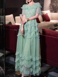 Bonnyshow  Green Short Sleeve Round Collar Tierred Ruffles A Line Dresses For Women 2025 Spring Fashion Female New Dress TH9104