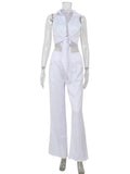 Bonnyshow  Fashion Women's Sets Suits Satin Solid Folds Deep V-Neck Sleeveless 2Pcs (Tops+Long Pants) Sexy Skinny Causal Tracksuits