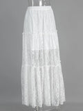 Bonnyshow  Floral Jacquard Lace White Long Skirt Women Summer High Waist Loose Sexy Sheer Midi Skirts Streetwear Casual Fashion Skirts New