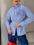 Bonnyshow Women Fashion Autumn Casual Striped Blue Flower Slim Fit Long Sleeved Shirt Office Lady Commuting Versatile Chic Shirt