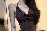 Bonnyshow  New Spice Girl Low-Cut Backless Mini Dress Vintage Brown Ring Bandage Pleated Slim Dresses Summer Party Street