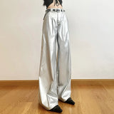 Bonnyshow Silver Retro Matte Trendy Personalized All-match Casual High Street Cool Confident Casual Women's Autumn Wide Leg Pants