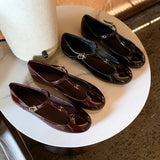Bonnyshow  T-strap Mary Janes Shoes Women Patent Leather Elegant Black Ballet Flats Shoes Female Shiny Glossy Buckle Strap Pumps Loafers