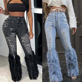 Bonnyshow Denim Pearl Skinny Pants Y2K Streetwear 2024 Women Fall Winter Fashion Clothes Pencil Furry Pant Sexy Elegant Jean Trouser