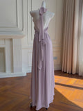 Bonnyshow  Womens Elegant Purple Halter Neck Maxi Dress Ruffled Neckline Ruched Waist Floral Detail Formal Evening Party