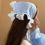 Bonnyshow Korean Plaid Triangle Hair Scarf Women Double Sided Lace Headscarf Summer Sunscreen Girls Headwrap Headband Photo Props