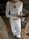 Bonnyshow  Casual Striped Cardigan Long Pant Woman's Set Fashion Loose O-neck Full Sleeve Tops Drawstring Pants Sets Lady Chic Home Outfits