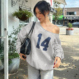 Bonnyshow Fashion Number Print Baggy Thin Hoodies One Shoulder Long Sleeve Tees Casual Loose Pullovers Women Clothing Fall 2024