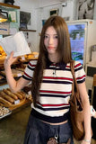 Bonnyshow  Women's Spliced Contrast Color Stripes Polo Collar Short-sleeved T-shirt 2025 Female Summer Casual Versatile Short Pullover Top