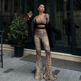 Bonnyshow Leopard New Long Sleeves T-shirt Trousers Women 2 Piece Streetwear Fashion Bodycon Female Elegant Backless Knitted Clothing