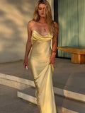 Bonnyshow  Sexy Backless Off Shoulder Lace-up Yellow Satin Dress Women Fashion Sleeveless Bodycon Midi Dresses Summer New Beach Party Robe