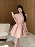 Bonnyshow  French Elegant Bow Sweet Slimming Sleeveless Black Birthday Dress for Women Summer Waist Cinched A-line Mini Dress for Women